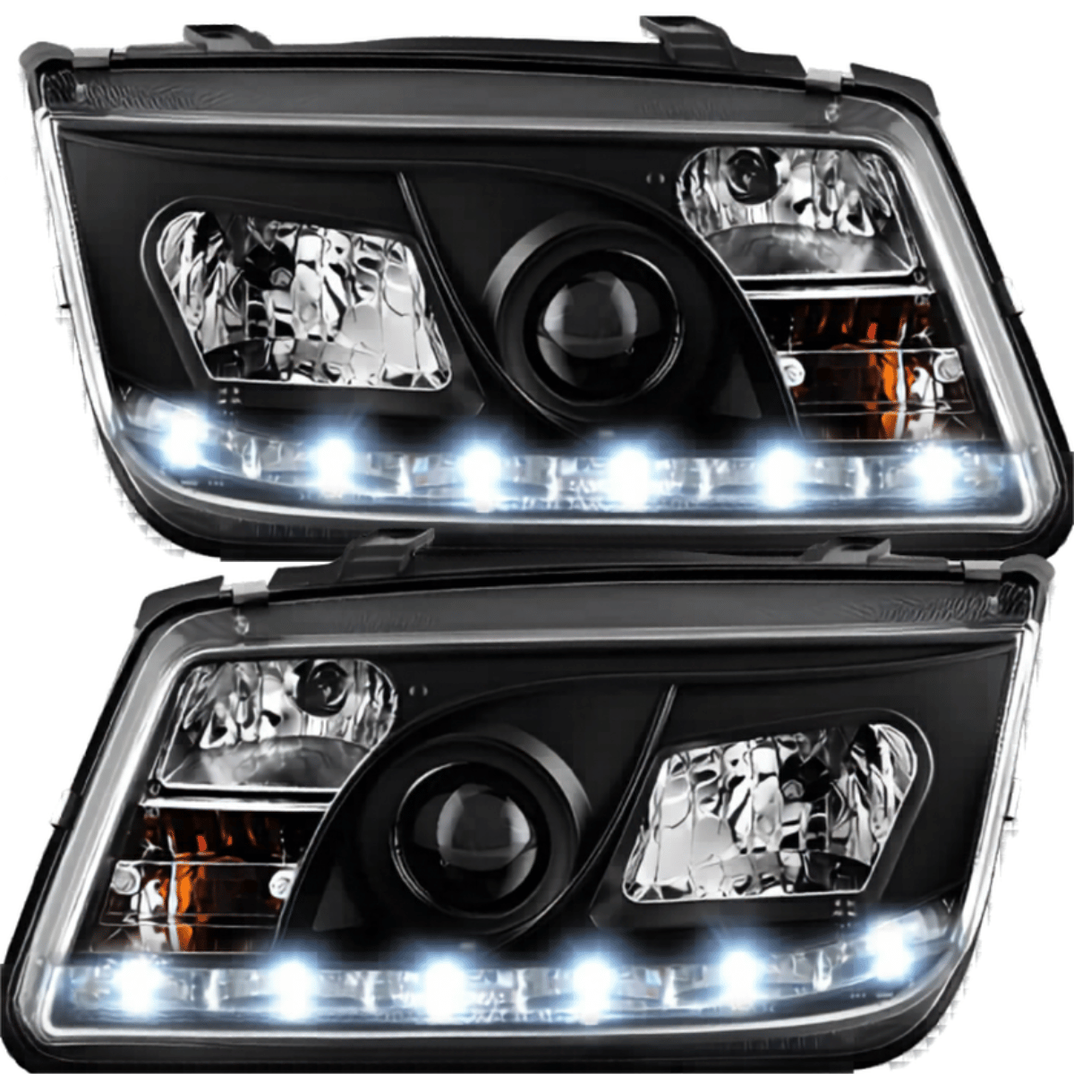 Schwarze LED-Scheinwerfer für Audi A4 B6 mit Tagfahrlicht-Streifen und integrierten Blinkern
