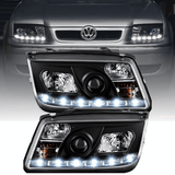 Schwarze LED Scheinwerfer für VW Bora 1J2 mit Tagfahrlicht-Optik, Set