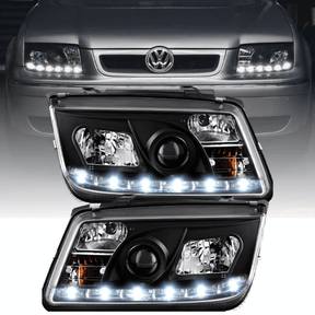 Schwarze LED Scheinwerfer für VW Bora 1J2 mit Tagfahrlicht-Optik, Set