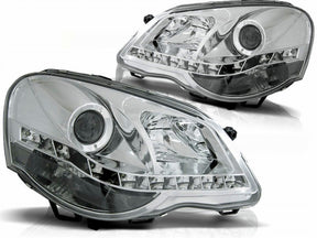 Chrom LED Scheinwerfer Set für VW Polo 9N3 04.2005-2009 mit Tagfahrlicht-Optik