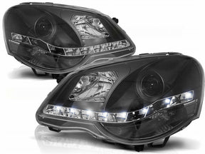 Schwarze LED Scheinwerfer für VW Polo 9N3 05-09 mit Tagfahrlicht-Optik