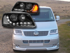 LED Scheinwerfer Set schwarz für VW T5 04-09 mit Tagfahrlicht-Optik und Blinker