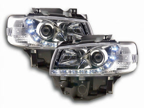 Chrom LED Scheinwerfer Set für VW T4 Multivan 08/96-03/03 mit Tagfahrlichtstreifen