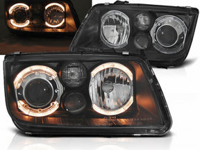 Scheinwerfer schwarz mit Angel Eyes Ringen, LED-Tagfahrlicht und schwarzem Einsatz für VW Bora 98-05