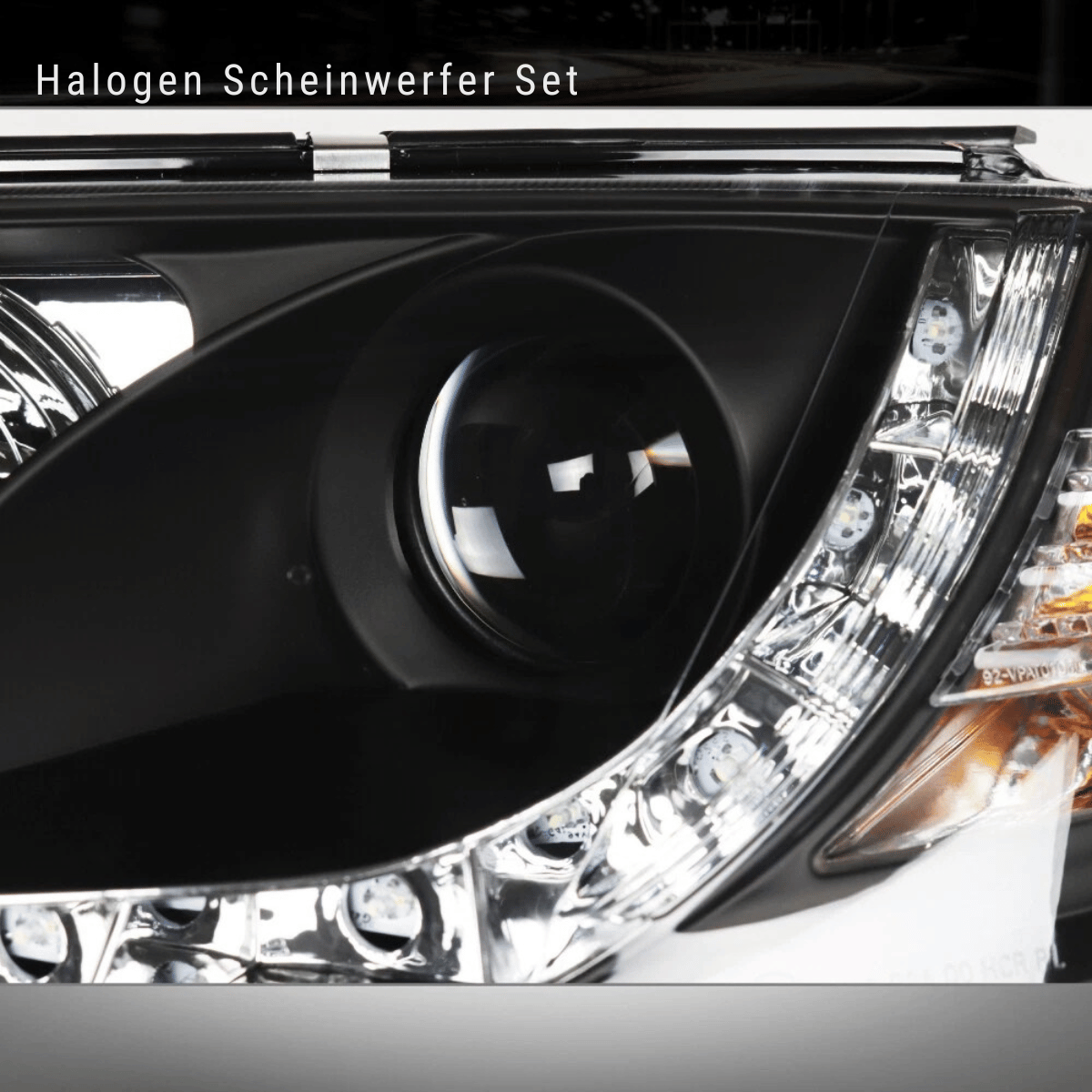 Halogen Scheinwerfer Set für Fahrzeuge, schwarzes Design mit LED-Akzenten und Blinker