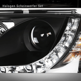 Halogen Scheinwerfer Set für Fahrzeuge, schwarzes Design mit LED-Akzenten und Blinker