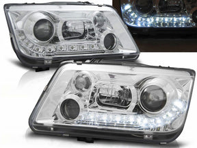 Chrom LED Scheinwerfer Set für VW Bora 1998-2005 mit Tagfahrlicht-Optik