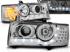 Chrom LED Scheinwerfer VW T4 Bus 1990-2003 mit gelben und weißen LEDs, Tuning Scheinwerfer