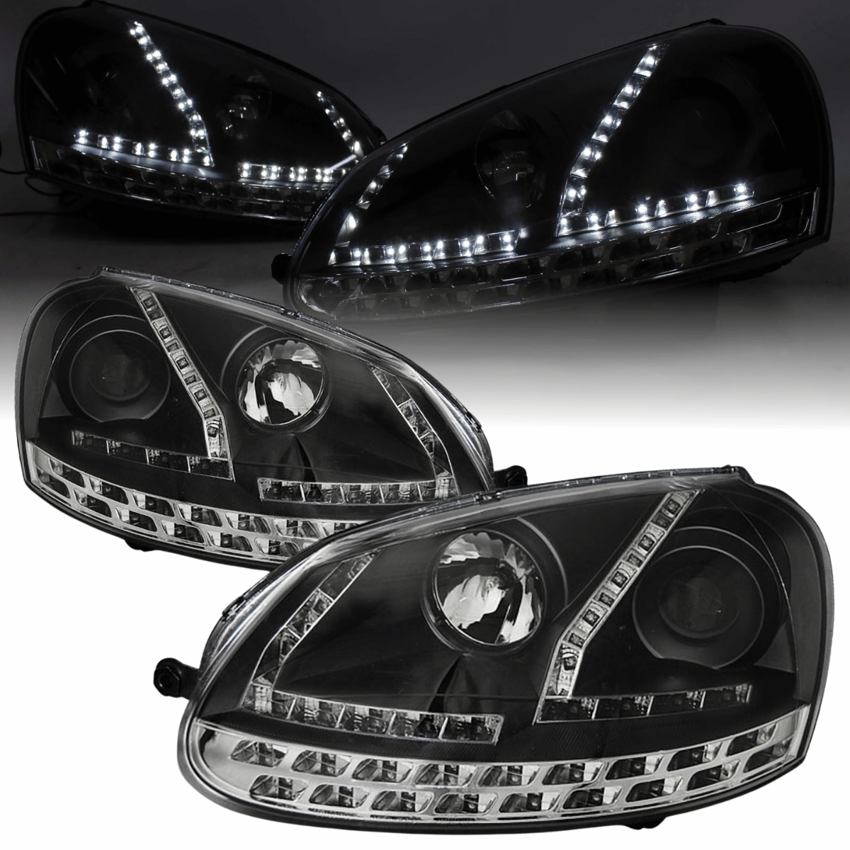 Scheinwerfer Set mit LED Blinker H7 Upgrade, schwarzes Design für VW Golf V