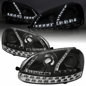 Scheinwerfer Set mit LED Blinker H7 Upgrade, schwarzes Design für VW Golf V