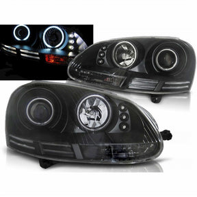Scheinwerfer Set schwarz mit CCFL Angel Eyes Ringen für 10.2003-2009 für VW Golf 5