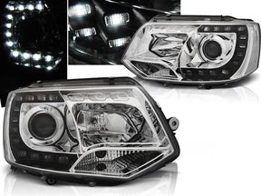 Chrom LED Scheinwerfer für VW T5 GP 2010-2015 mit Tagfahrlicht-Optik, Paar
