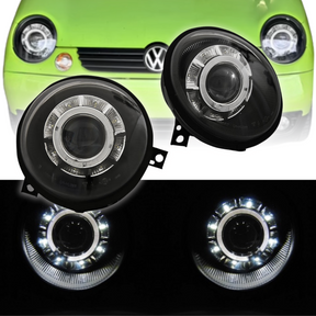 LED Angel Eyes Scheinwerfer Set Schwarz VW Lupo 1998–2005 mit LED Standlicht