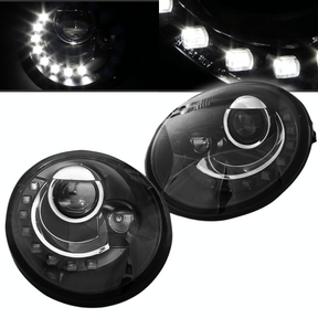 LED Scheinwerfer Set VW New Beetle 1998-2005 schwarz H7 mit Ring-Optik und LED-Tagfahrlicht