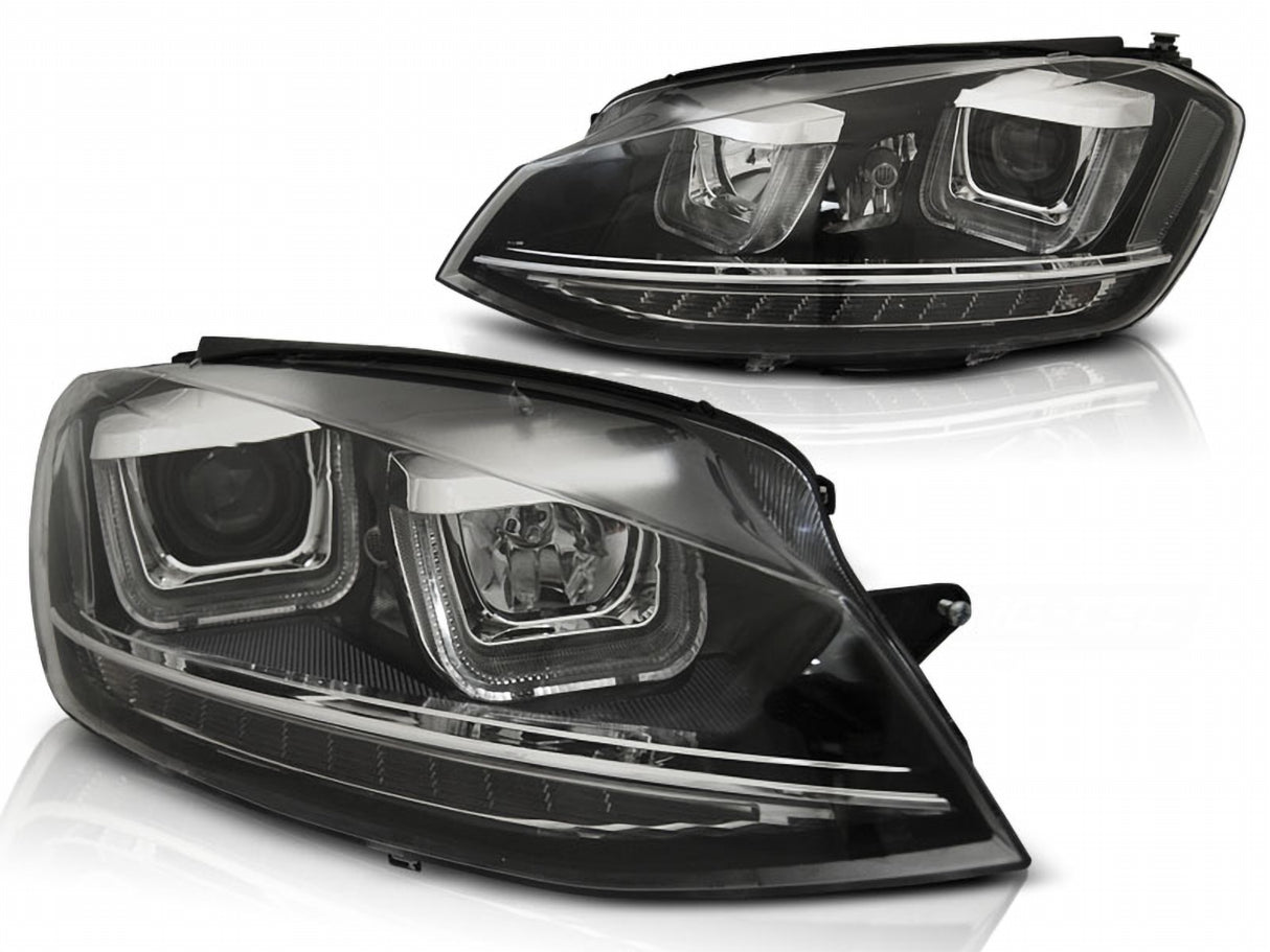 Schwarze LED-Scheinwerfer für VW Golf 7 mit markanten Lichtbändern und moderner Optik