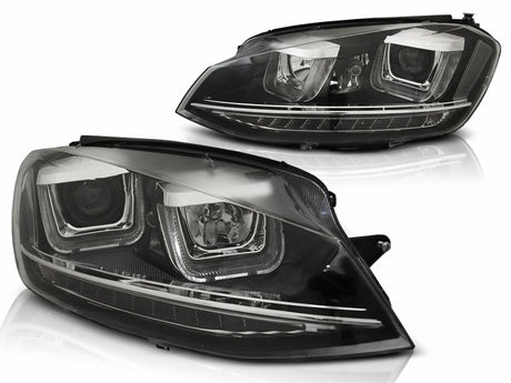 Schwarze LED-Scheinwerfer für VW Golf 7 mit markanten Lichtbändern und moderner Optik