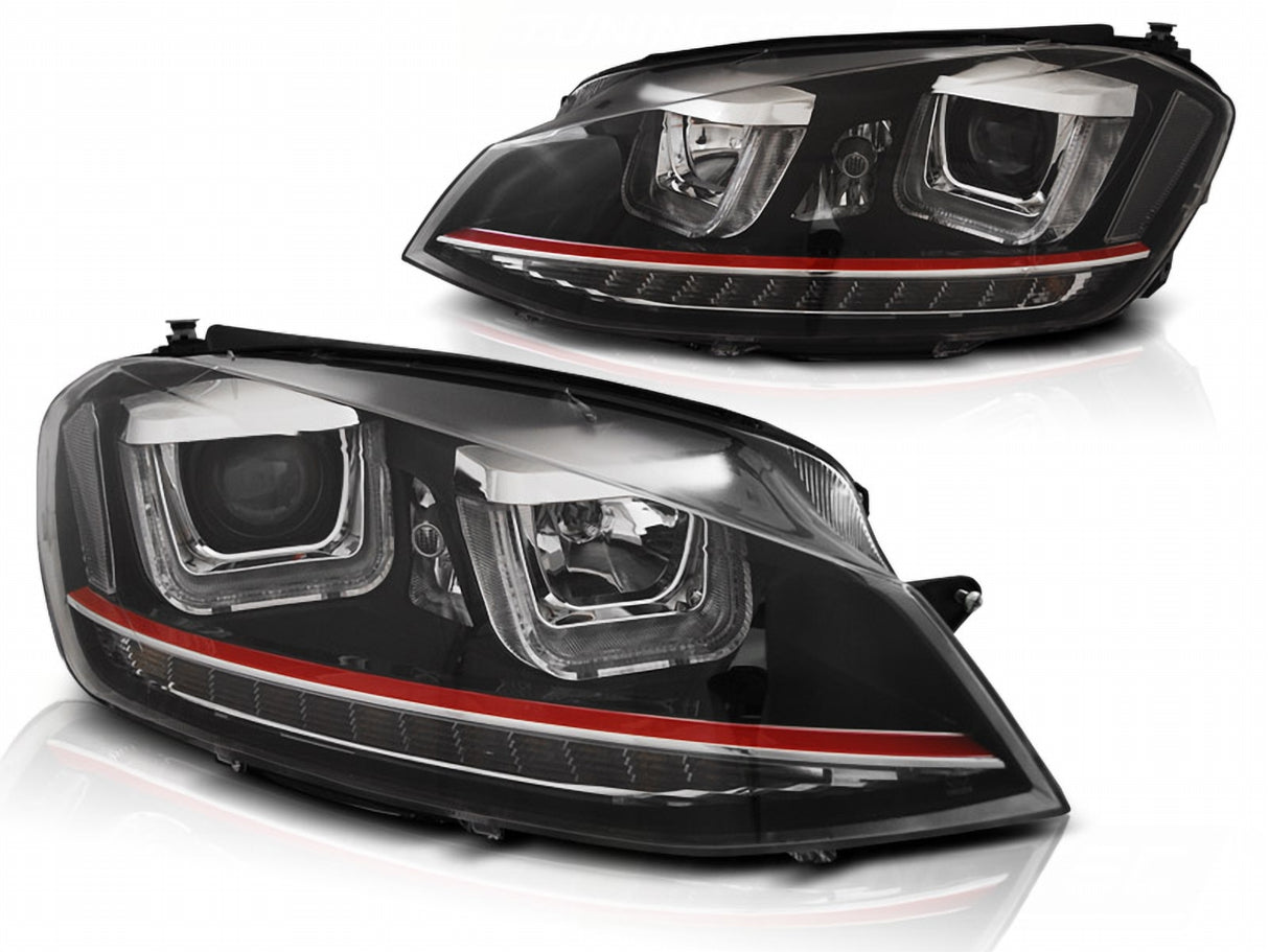 Scheinwerfer schwarz mit rotem Streifen, LED Tagfahrlicht, Tuning Scheinwerfer für VW Golf 7 GTI