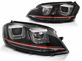 Scheinwerfer schwarz mit rotem Streifen, LED Tagfahrlicht, Tuning Scheinwerfer für VW Golf 7 GTI