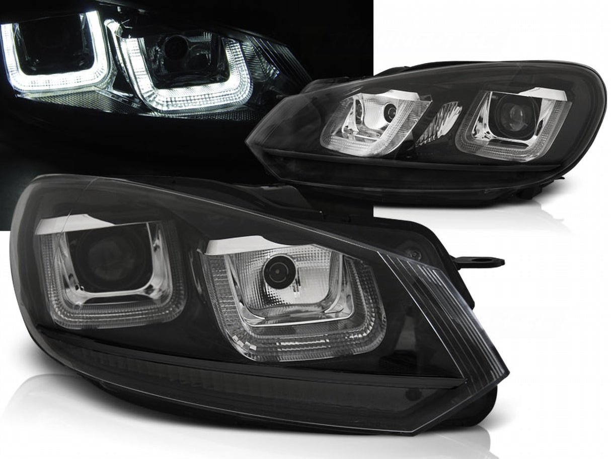 Schwarze LED-Scheinwerfer für VW Golf 6 mit markanten Lichtbändern und moderner Optik