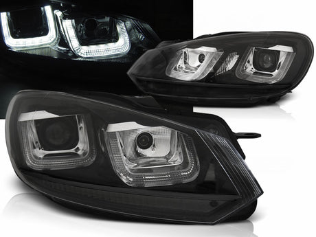 Schwarze LED-Scheinwerfer für VW Golf 6 mit markanten Lichtbändern und moderner Optik