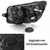 H4 Scheinwerfer Rückseite mit Anschlussstecker und Upgrade-Hinweis für CR-Tuning