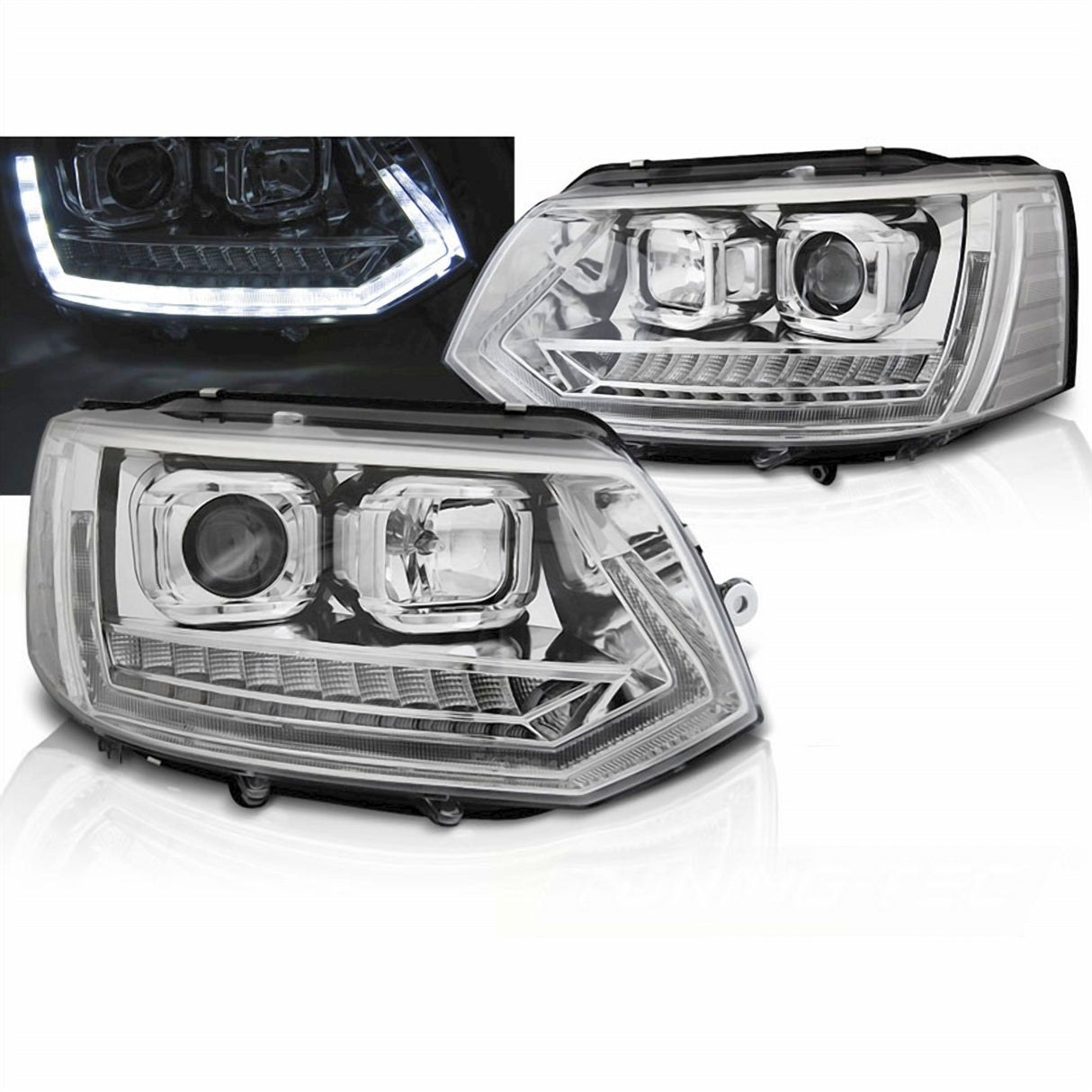 Led Tagfahrlicht dynamische Blinker Tube Scheinwerfer chrom für VW T5 GP 5.2 2010-2015