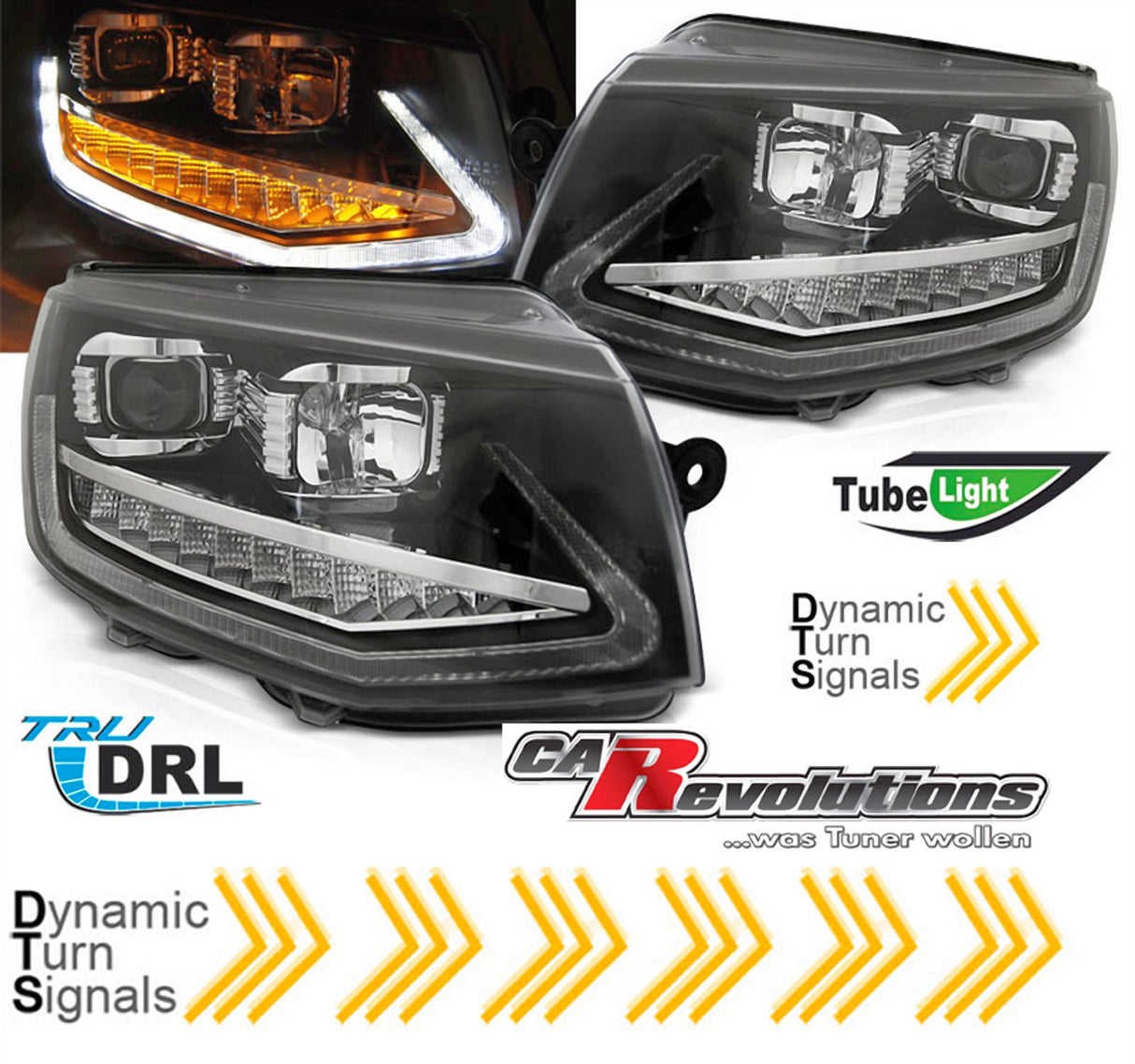 Led dynamische Blinker Tagfahrlicht Light Tube Scheinwerfer für VW T6  2015-2019in schwarz