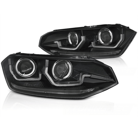 Schwarze LED Scheinwerfer für VW Golf 6 mit Tagfahrlicht Ringen und moderner Optik