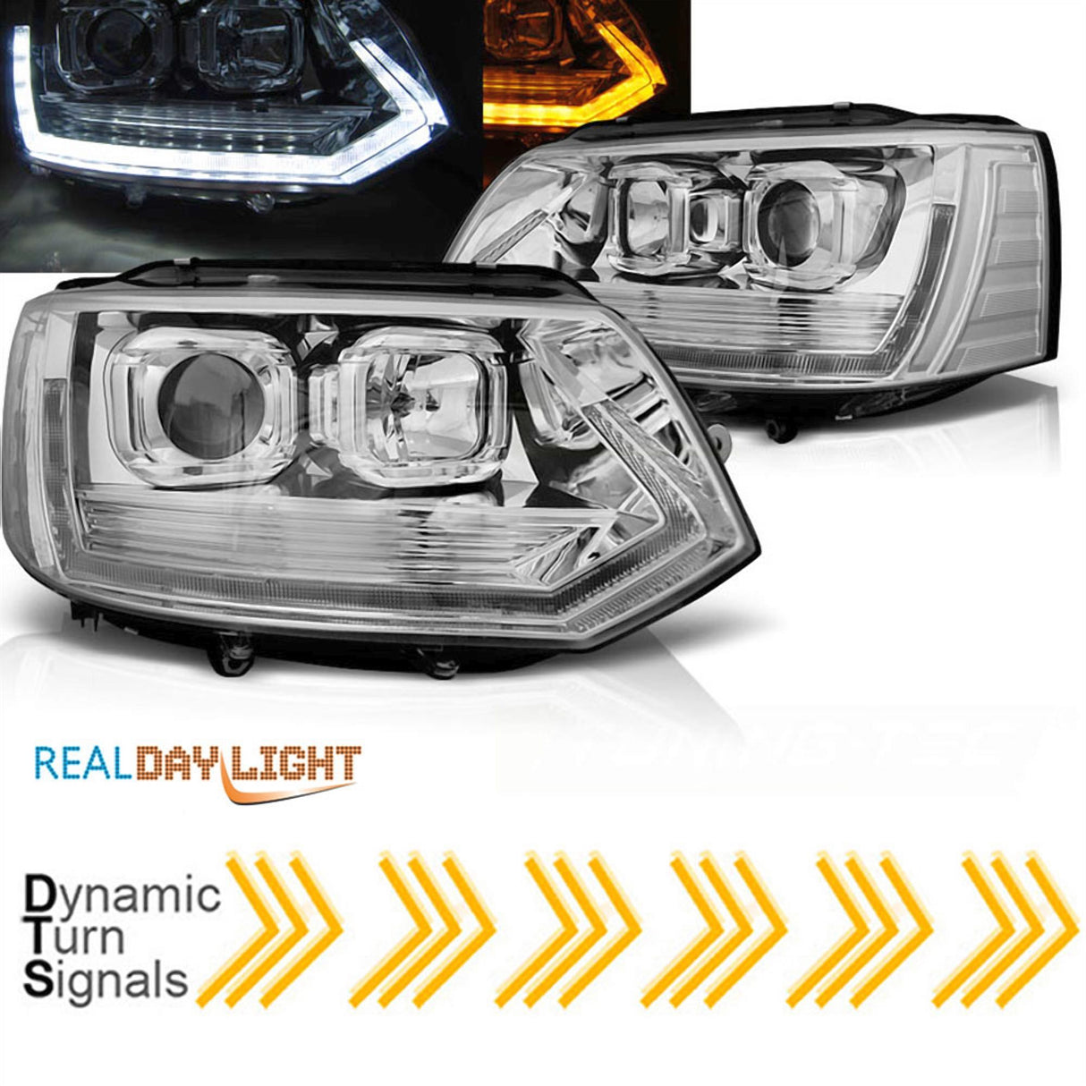 Led Tagfahrlicht dynamische Blinker Light Tube Scheinwerfer chrom für VW T5 GP 2010-2015