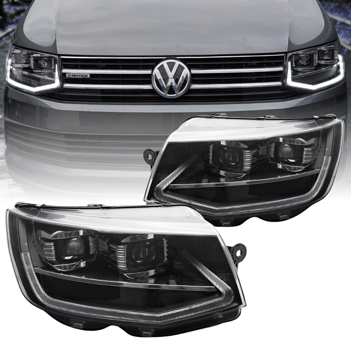 LED Tube Light Scheinwerfer Set Schwarz für VW T6 Bus / Multivan 2015–2019 mit LED Tagfahrlicht & sequentiellem Blinker