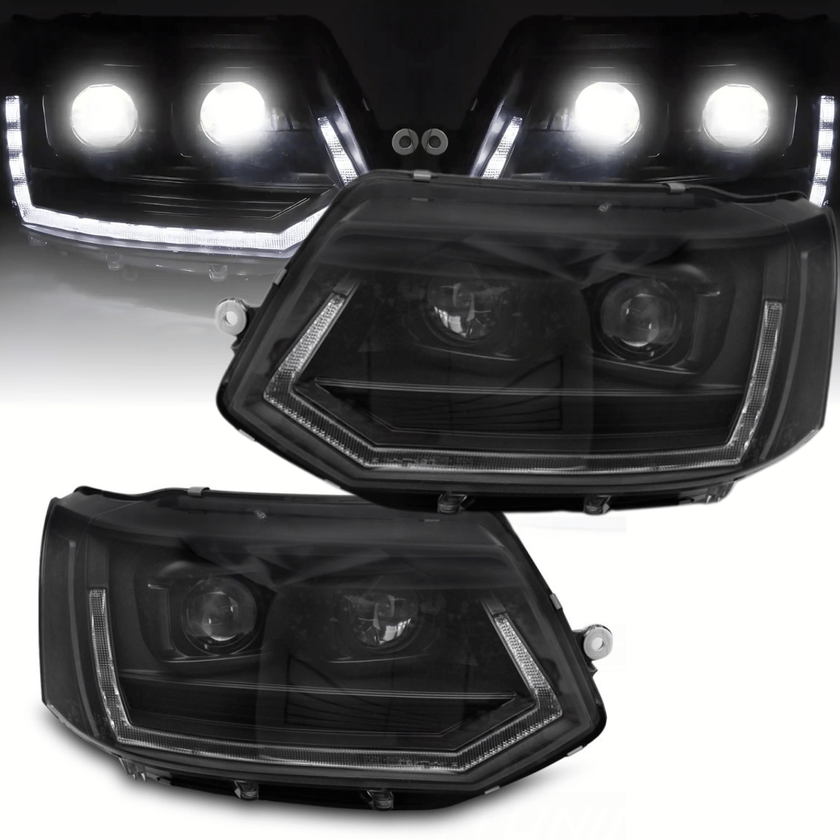 Voll LED Scheinwerfer Set Schwarz für VW T5.2 2010–2015 Transporter mit LED Tagfahrlicht & Dynamischem Blinker
