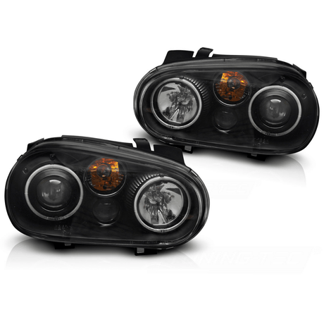 Schwarze Scheinwerfer für VW Golf 4 mit Angel Eyes und orangenem Blinker, Tuning-Scheinwerfer