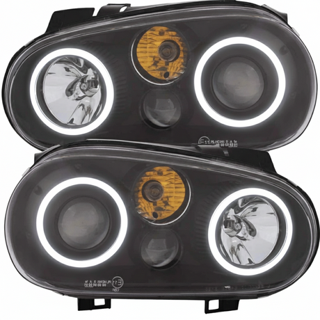 Schwarze LED-Scheinwerfer mit Ringen für VW Golf 4, Tagfahrlicht-Optik, E-Prüfzeichen