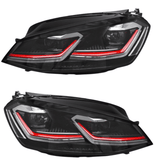 Schwarze LED-Scheinwerfer mit roten Akzenten für VW Golf 7 GTI, Tagfahrlicht-Optik