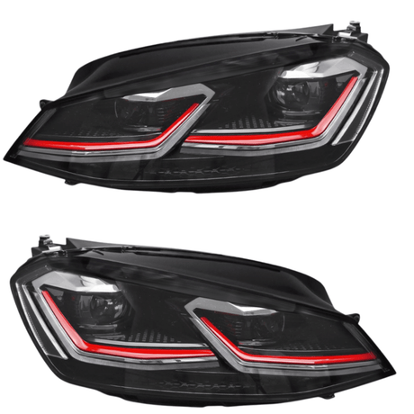 Schwarze LED-Scheinwerfer mit roten Akzenten für VW Golf 7 GTI, Tagfahrlicht-Optik