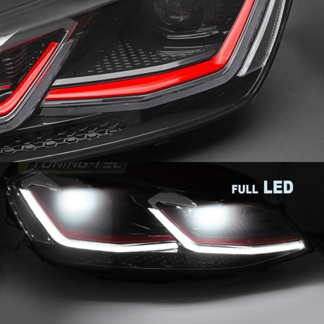 LED Scheinwerfer für VW Golf 7 GTI mit roten Akzenten und Tagfahrlicht-Streifen
