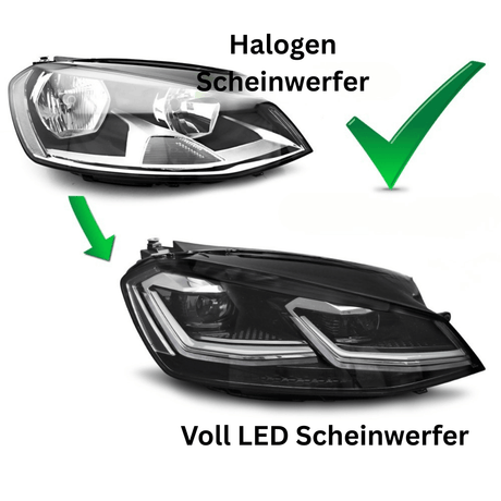 Voll LED Scheinwerfer im Vergleich zu Halogen Scheinwerfern mit Checkmark für VW Golf 7