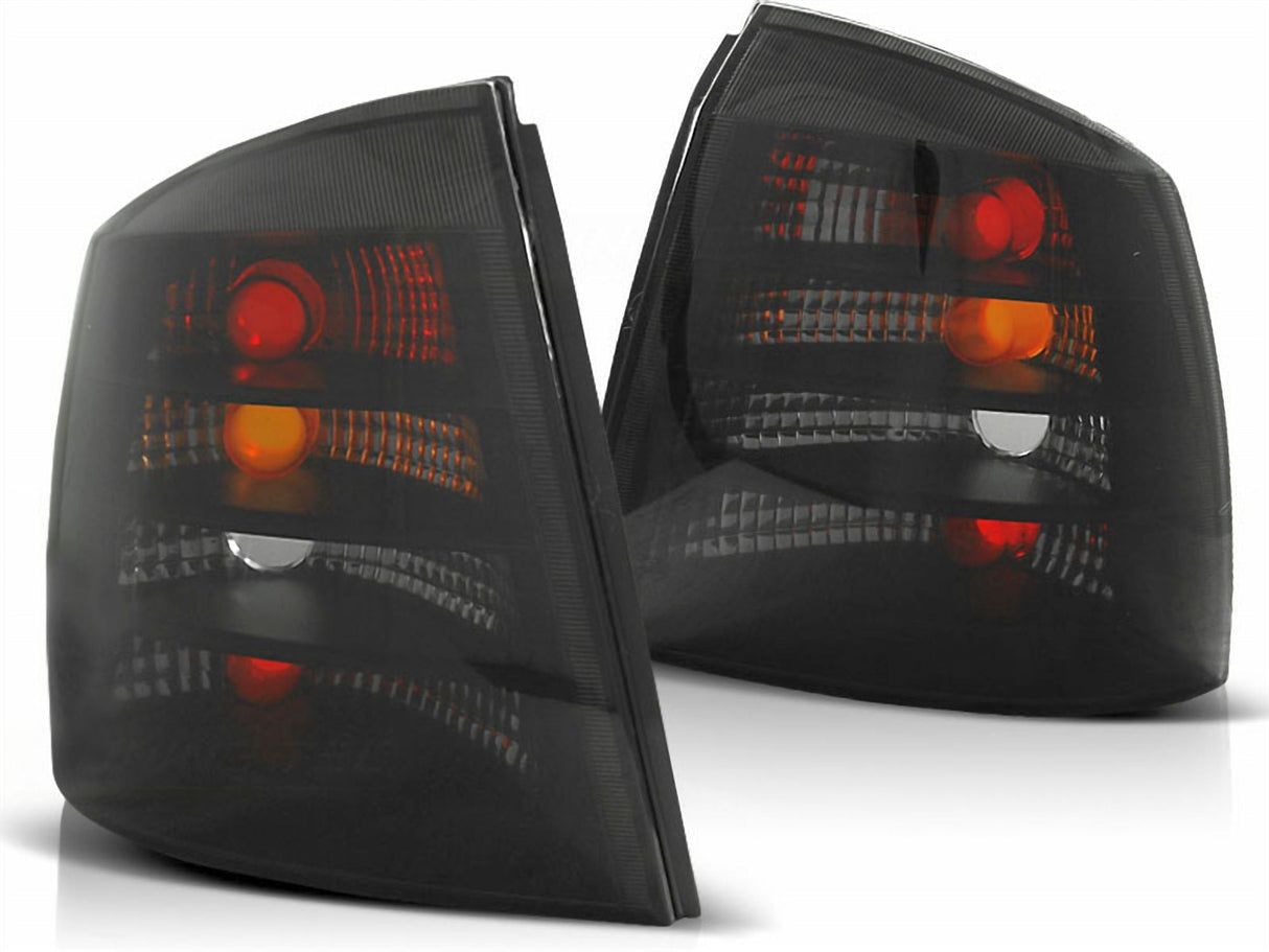 Schwarze LED Rückleuchten für Opel Astra G, getönt, mit roten und orangen Leuchten