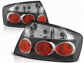 Schwarzes Rückleuchten Set für Peugeot 407 Limo 05.2004- mit roten Leuchten und Chromringen